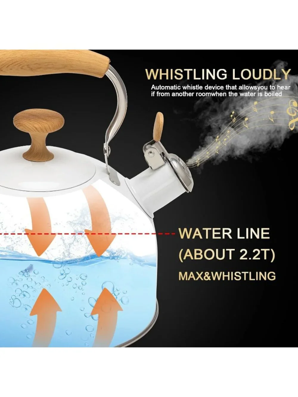 White Stainless Steel Whistling Tea Kettle 2.4L Stovetop Induction Gas Handle
